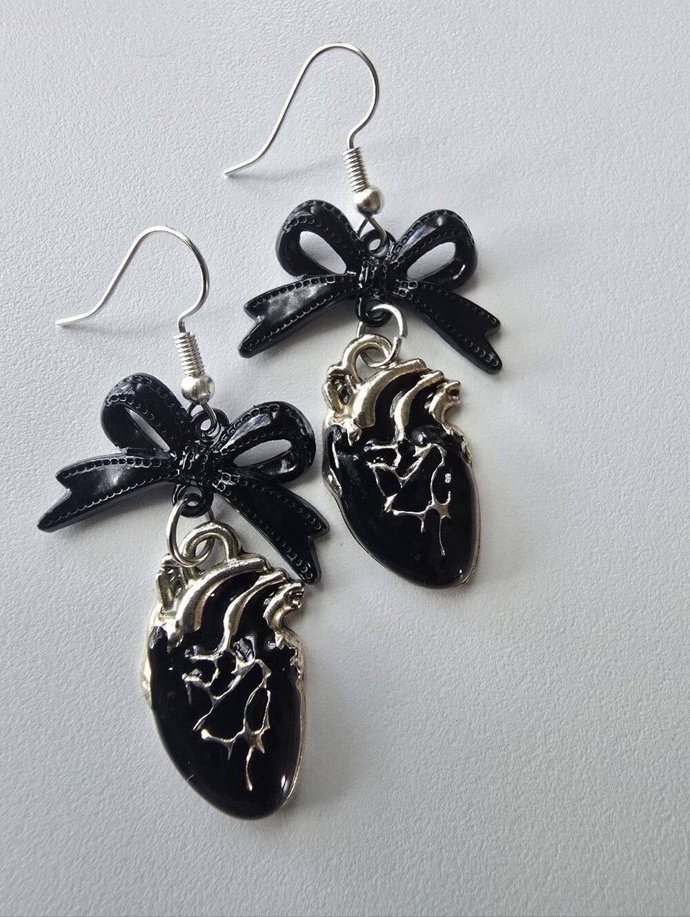 Black Anytomical Heart Earrings With Bows Homemade 🖤 Enamel Metal